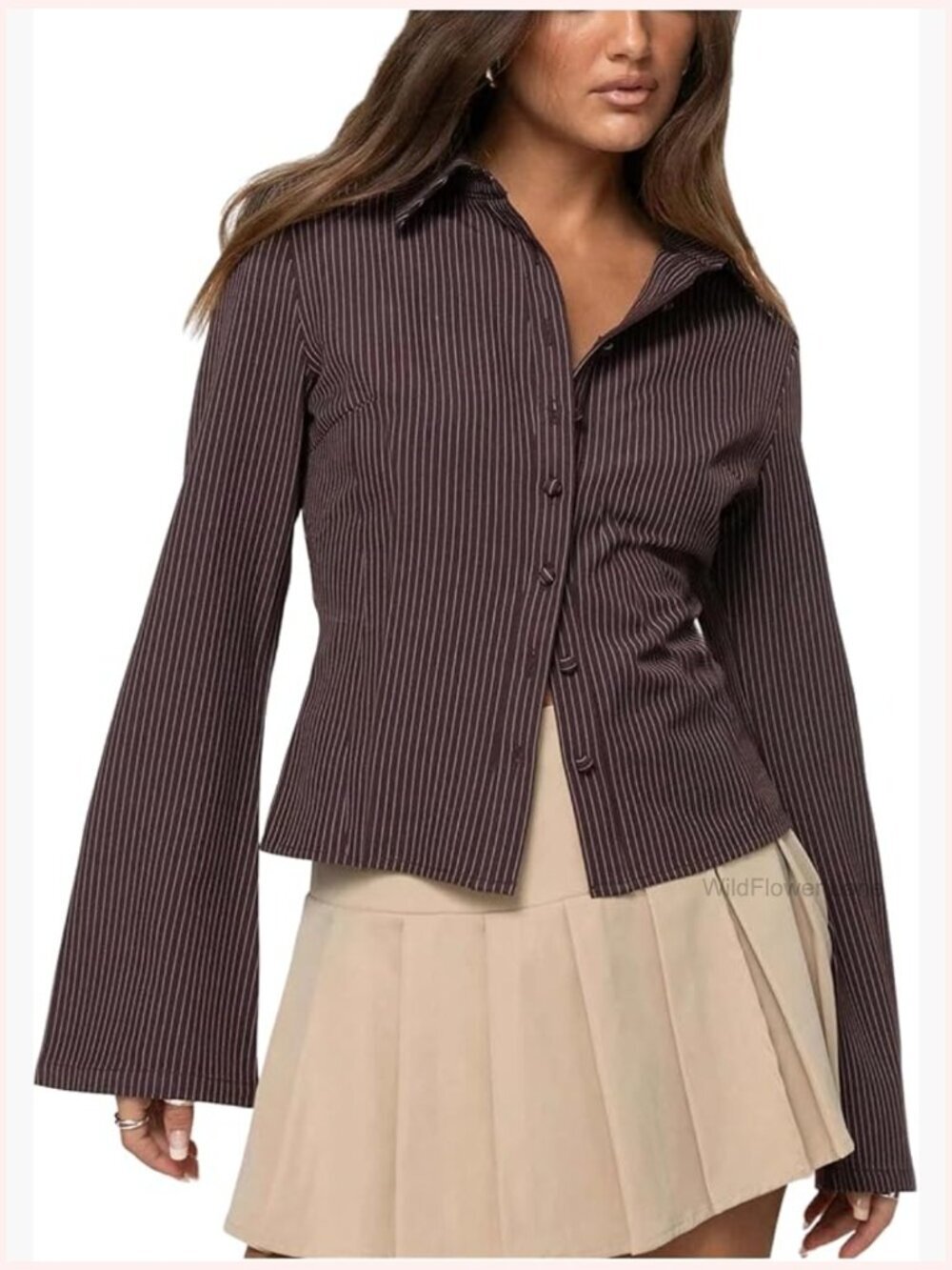 Bell Sleeve Button Up Fitted Cropped Blouse Business Casual Top
